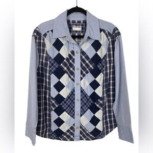 We The Free Argyle Plaid Shirt Oversized Preppy Button Blue Combo Free People XS